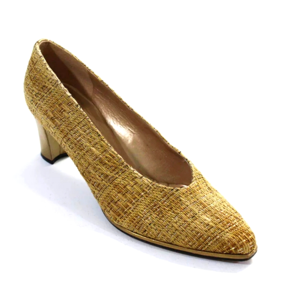 Size 7 Stuart Weitzman thick Block heel Gold dark Beige Formal Pumps heels